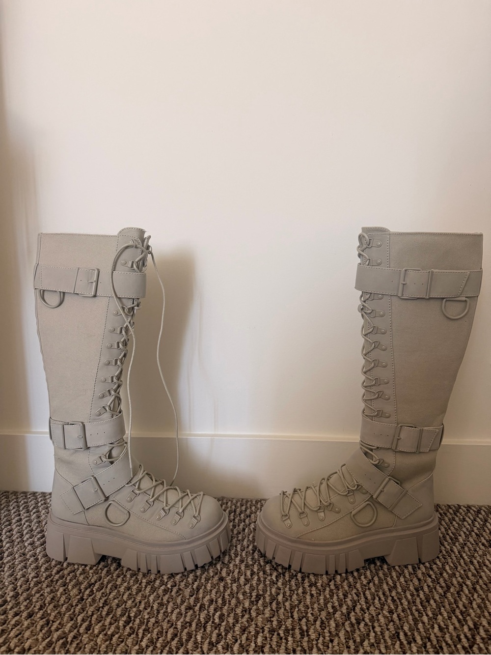 Dolls Kill Beige Lace-Up Knee-High Platform Boots - Picture 4 of 7